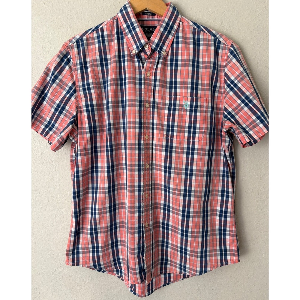 U.S. Polo Assn Mens Plaid Short Sleeve Button Down Shirt L Coral Navy Preppy